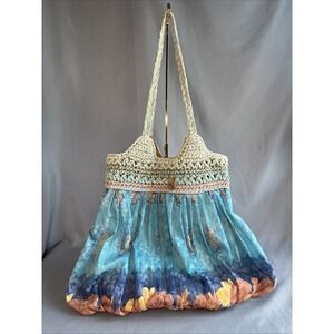 Cappelli Straworld Tote Shoulder‎ Bag Straw Fabric Mix Floral Colorful SNAP Boho